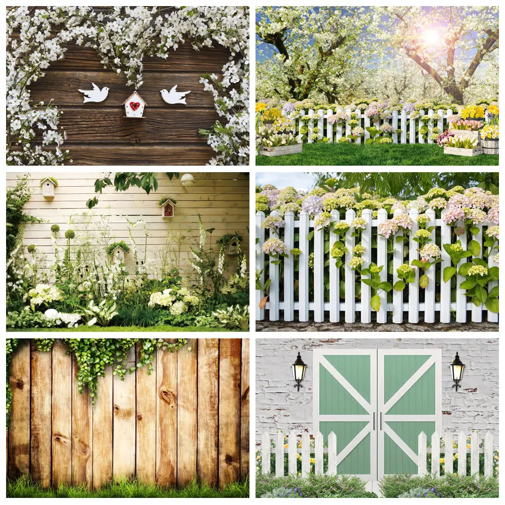 

Spring Landscape Photography Backdrop Wooden Board Green Vine Green Grass Flower Fence Kids Portrait Room Decor Photo Background