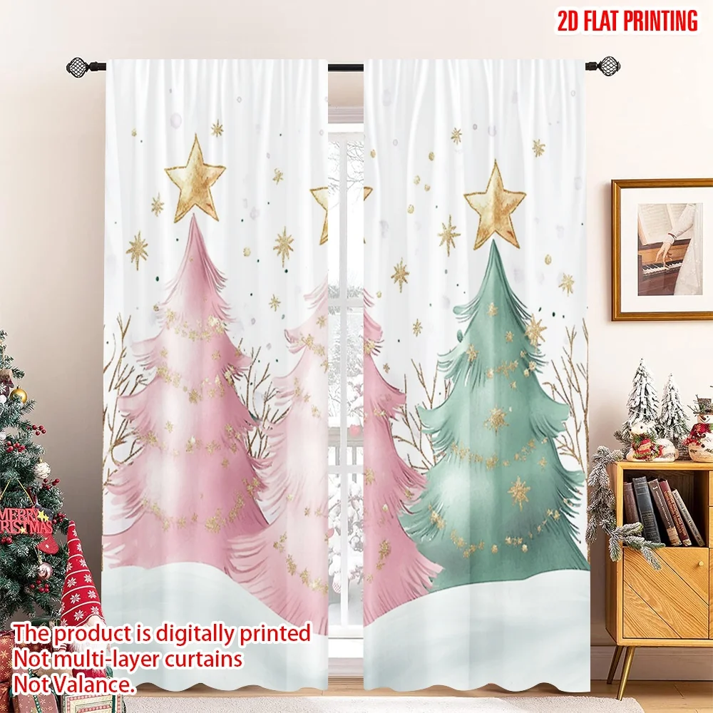 

2pcs 2D flat printing Merry Christmas Window Drapes Christmas trees winter (2) Fabric Without Electricity Family Party Perfect
