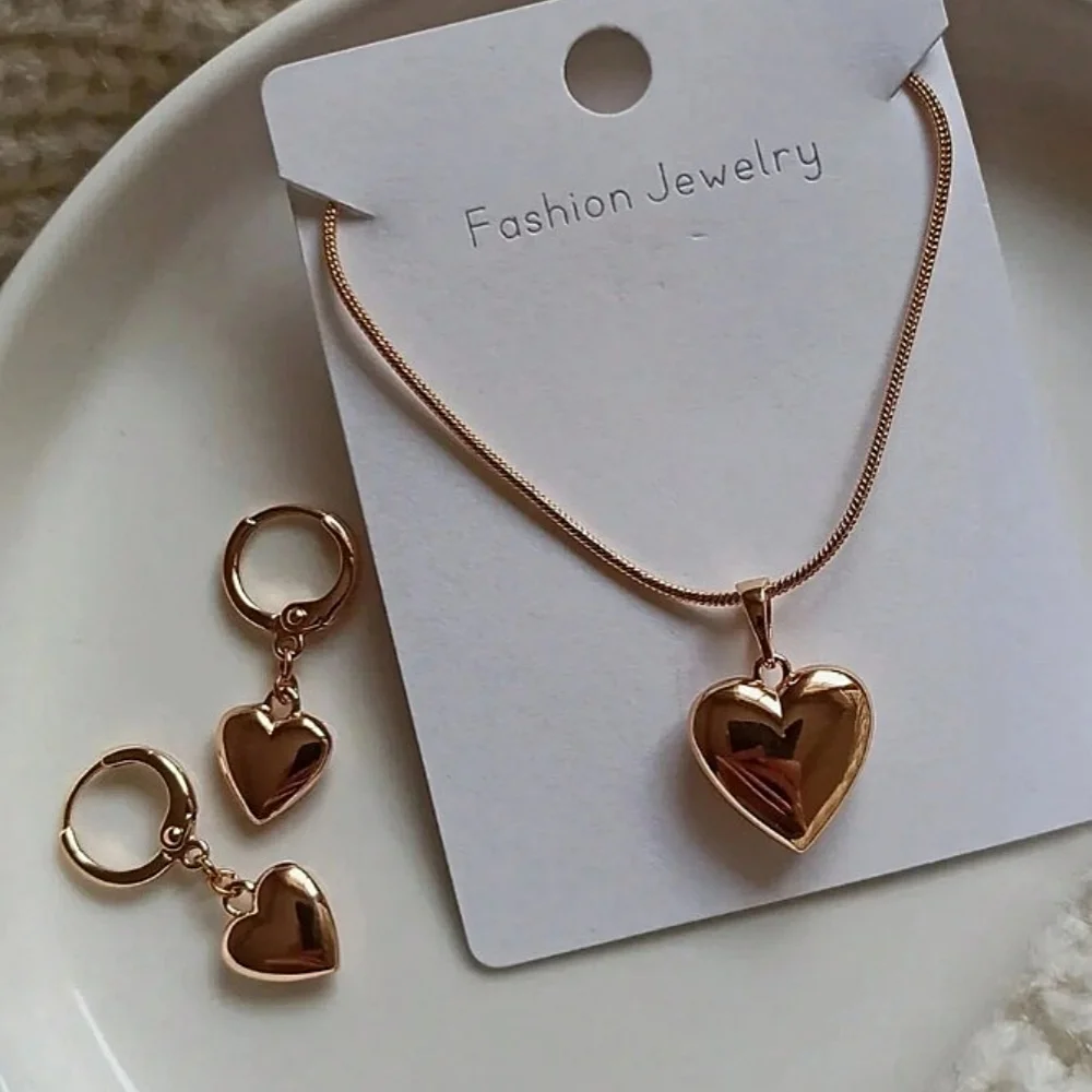 Glossy Gold Plated Metal Love Heart Dangle Earrings Necklace Jewelry Set for Women Simple Dainty Daily Wear Outfit Accessories image 2