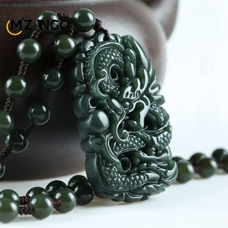 Natural Hotan Green Jade Dragon Pendant Double Sided Carved Jade Necklace for Men and Women Fashion Luxury Jewelry Lucky Amulet