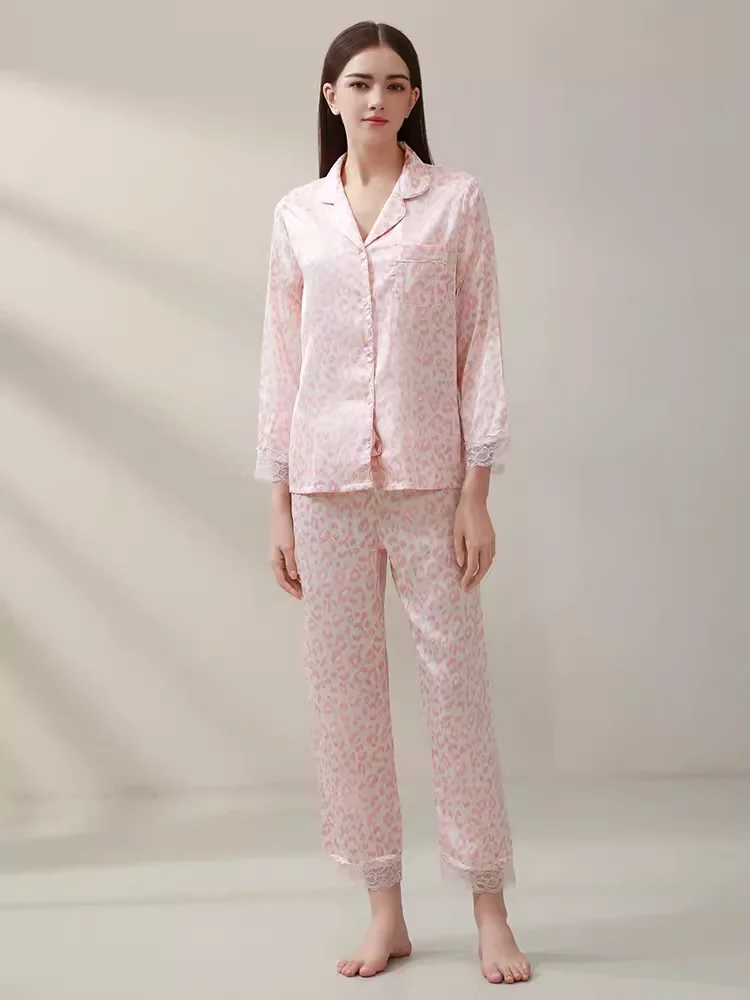 Pink Leopard Two Piece Real Silk Pajama Set Factory Price Printed Pijama Sleep Shirts Luxury Women Long Mulberry Silk Sleepwear