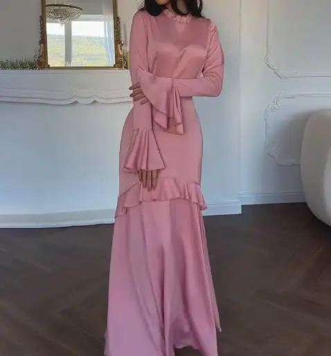 

Women's Elegant Long Dress Solid Color round Neck Lotus Leaf Edge Splicing Autumn 2025 New Fashion for Ladies