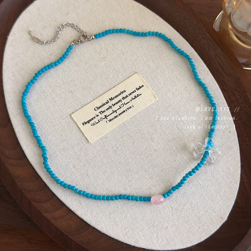 Blue Beaded Floral Necklace Korean Unique Summer Collarbone Chain Light Fresh Brightening Skin Effect Premium Versatile Daily
