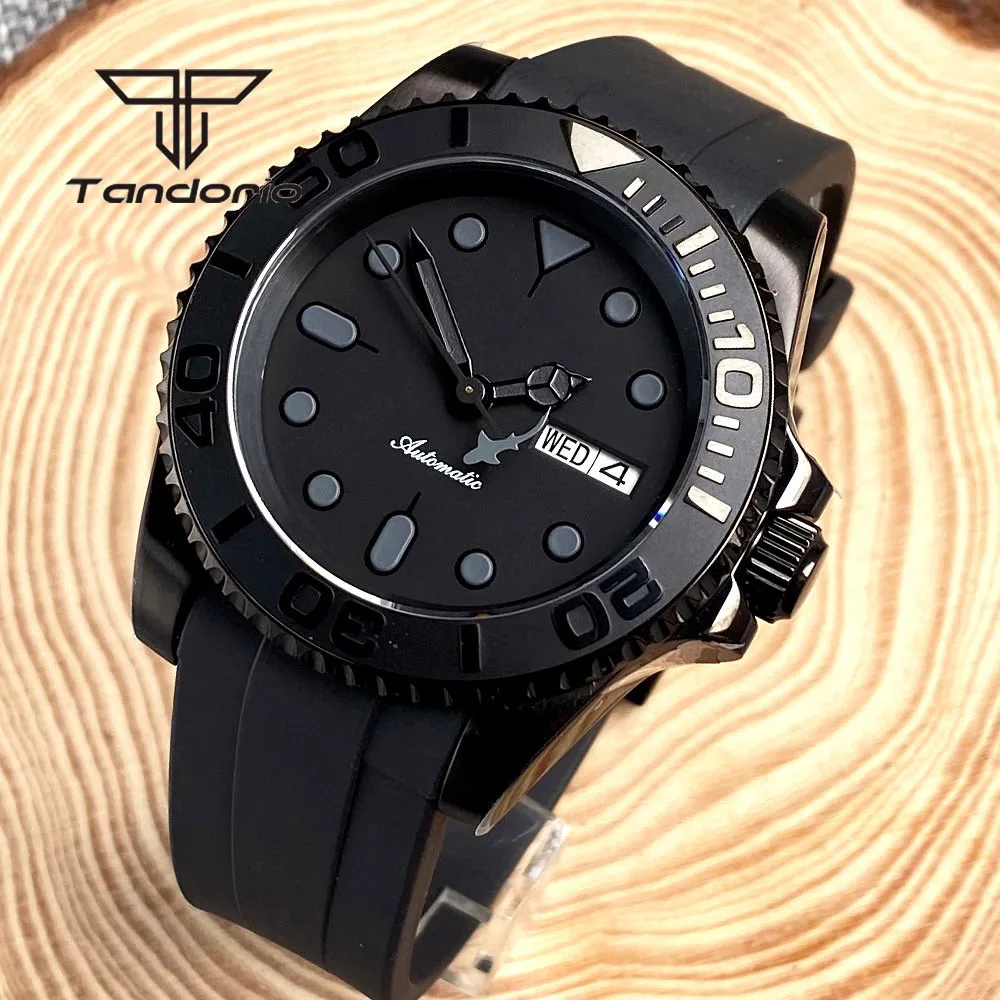 Tandorio Black Pvd Case Dress NH36A 40mm Automatic Watch for Men Rubber Strap Week Date Display Ceramic Rotating Bezel Sapphire