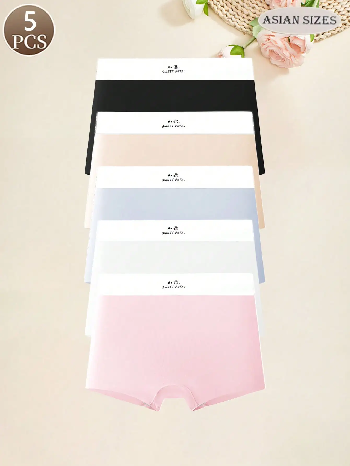 5pcs simple letter smiling women's briefs, leggings, safety pants, mid-waist women's panties