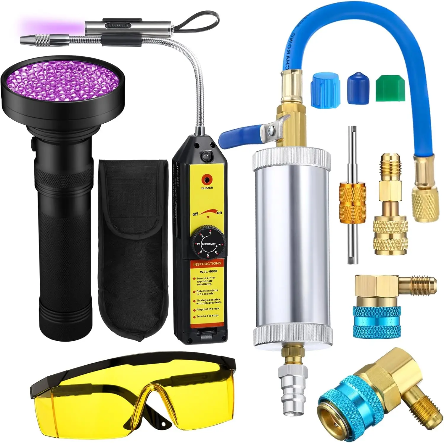 

Комплект детектора утечки переменного тока для R1234yf R134a R410a с УФ-инжектором, быстроразъемным соединением и фонариком