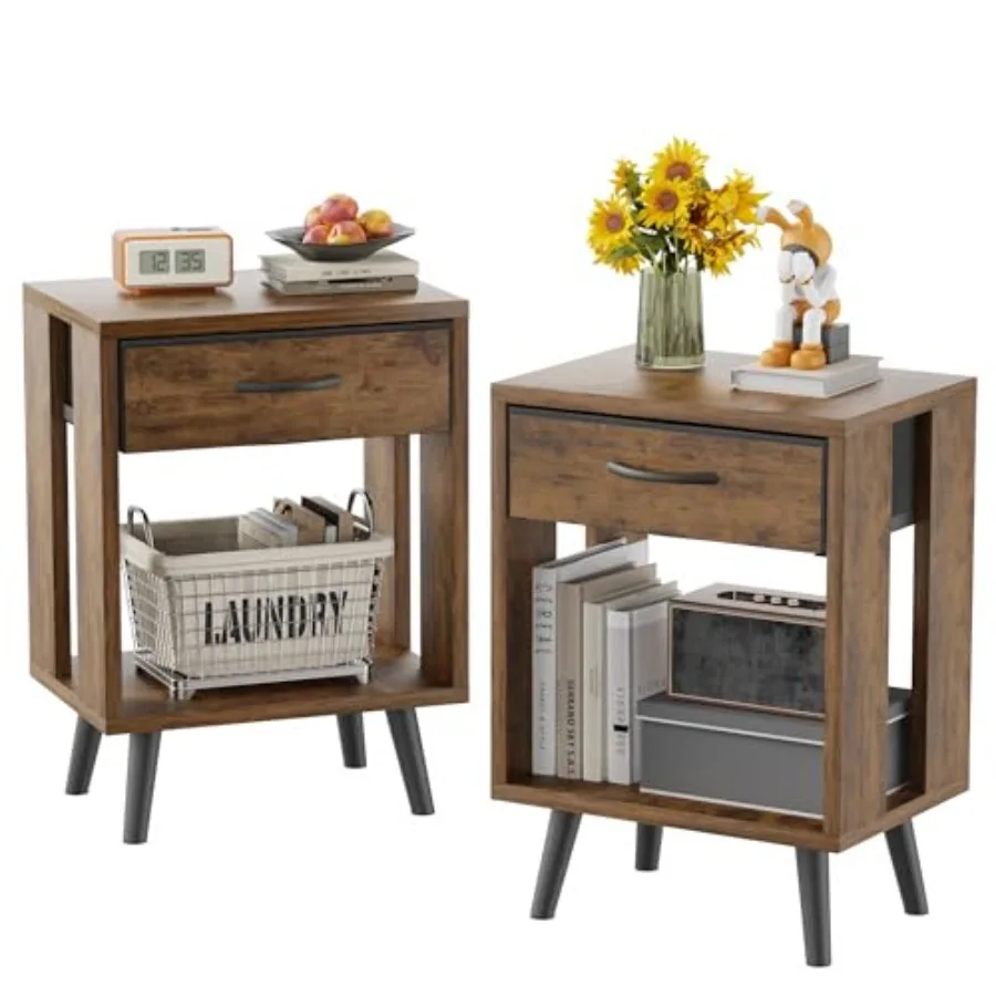 

Nightstand Set of 2 with Fabric Drawers and Open Shelves Bedside Table Set - Dark Rustic Brown Bedroom Side Tables
