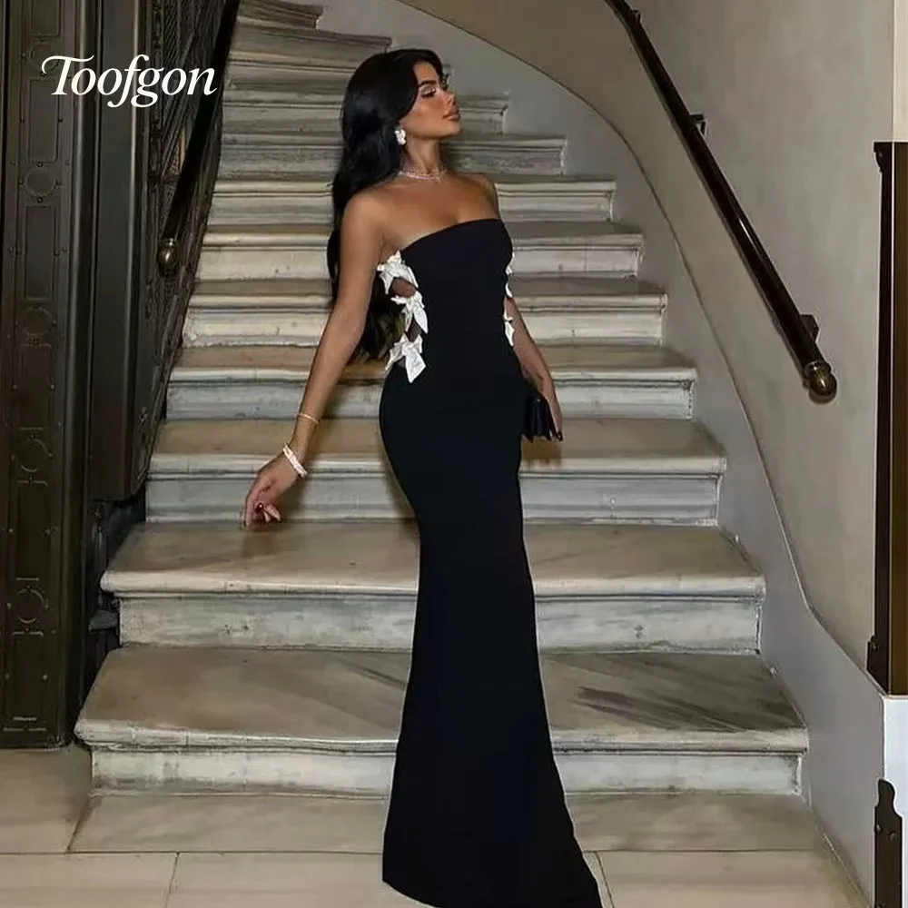 

Toofgon Elegant Black Mermaid Prom Dresses Strapless Cut Out Bow Satin Long Evening Dress Formal Occasion Dress Customized