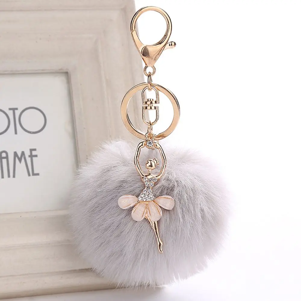 Women Jewelry Fluffy Faux Rabbit Fur Key Buckle Car Pendant Angel Keychain Ballet Dancing Girl Keyring