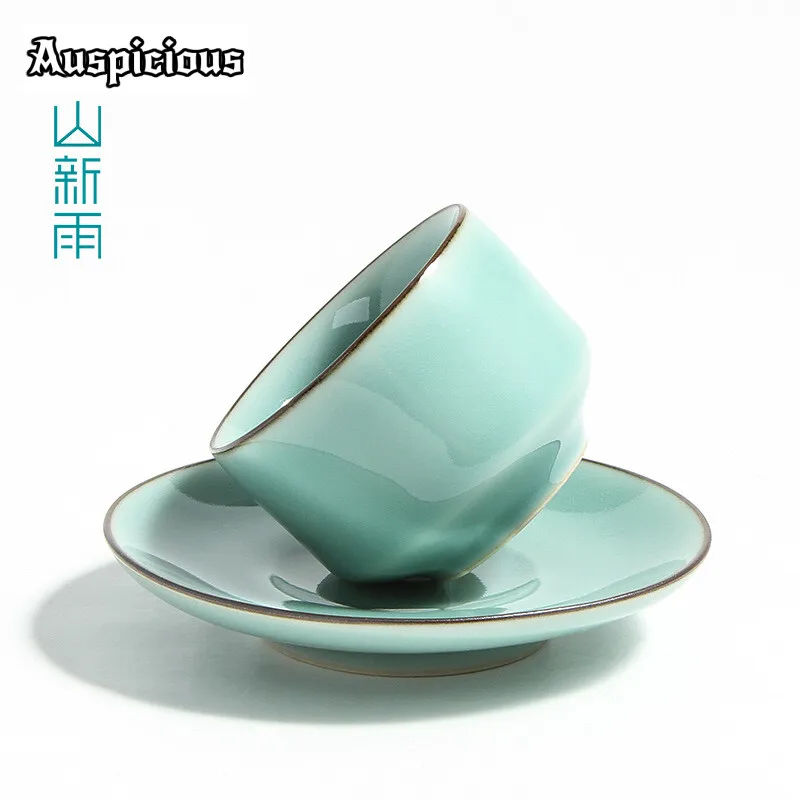 70ml Creative Longquan Celadon Teacup Handicraft Personal Cup Saucer Set Azure Tea Bowl with Saucer Kit Chazhan Kung Fu Teaset