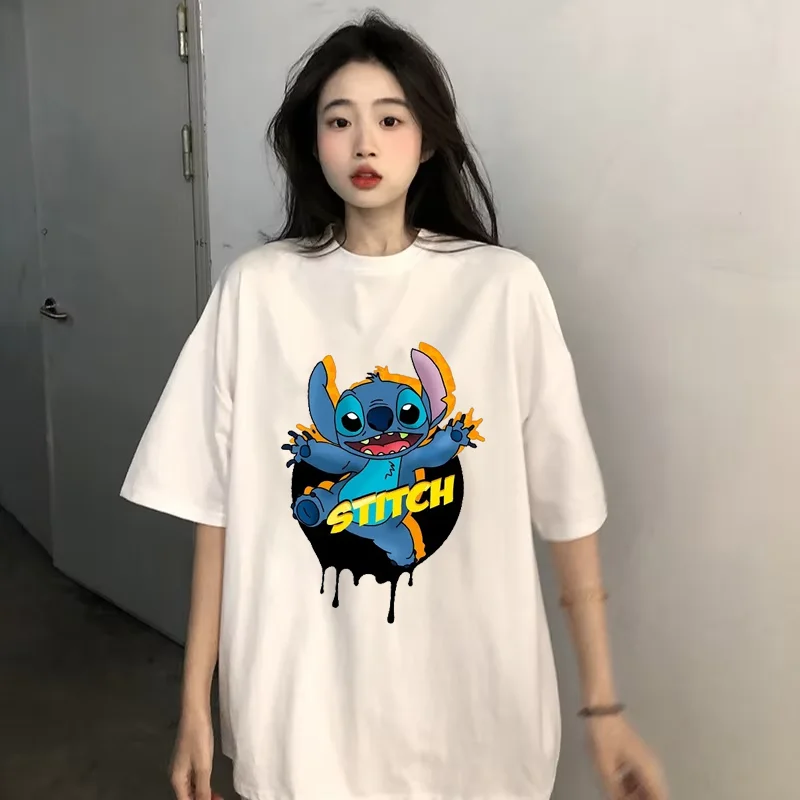 Harajuku Vintage Couple Tops Kawaii Cartoon Stitch Cosplay Graphic T-shirts for Women Streetwear Versatile Short Sleeve Unisex