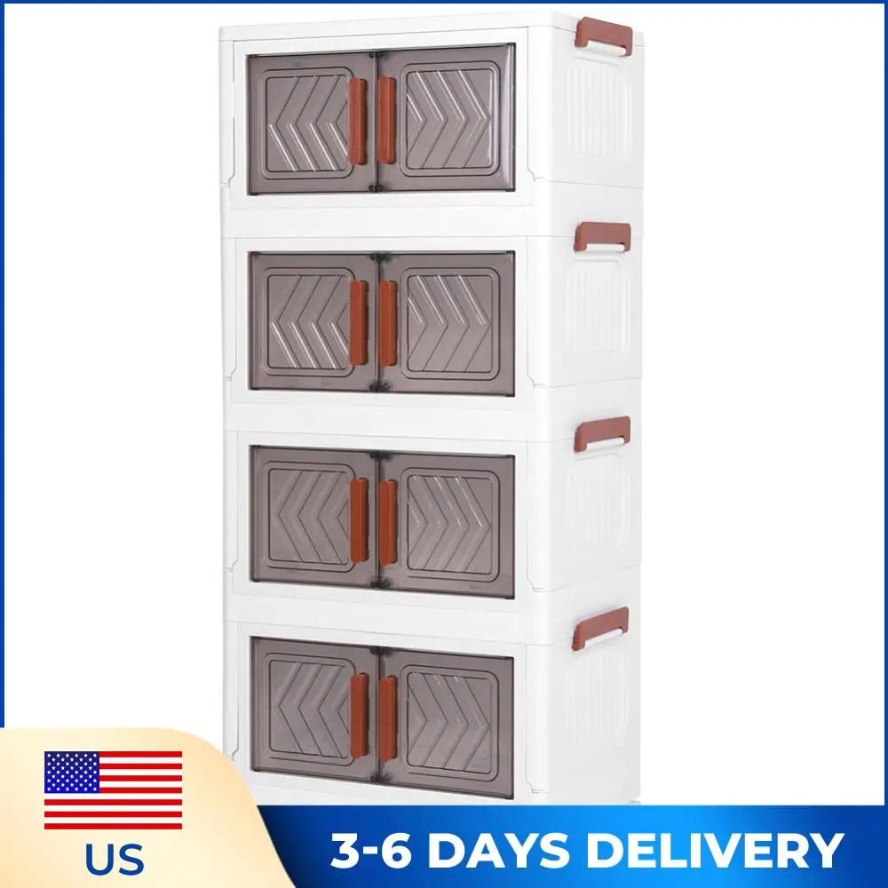 

4 Tier Stackable Storage Bins with Lids Plastic Storage Box with Doors & Wheels Closet Organizers for Home Office Dorm