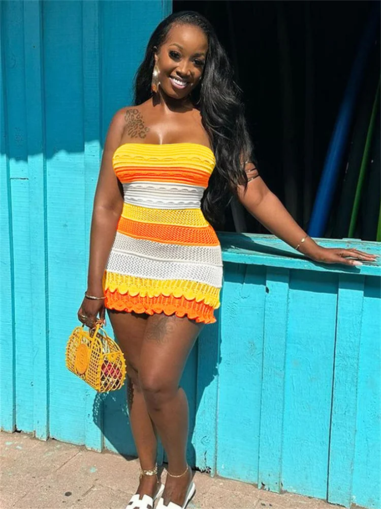 Nibber Knitted Striped Print Mini Dress Strapless Bodycon Women Backless Prom Vacation Party Casual Streetweaer Dresses Clothing