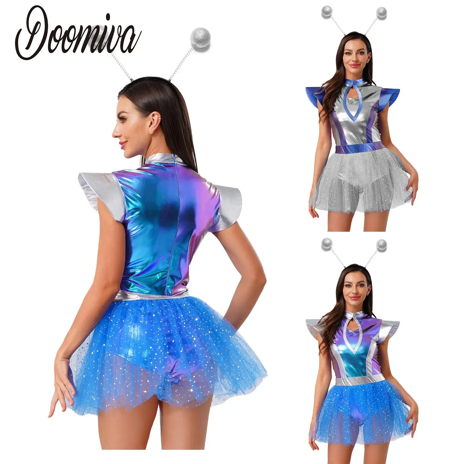 

Silver Astronaut Robot Costume for Women Alien Tutu Dress Suit Space Cadet Tulle Skirt Jumpsuit Halloween Cosplay Party Dress Up