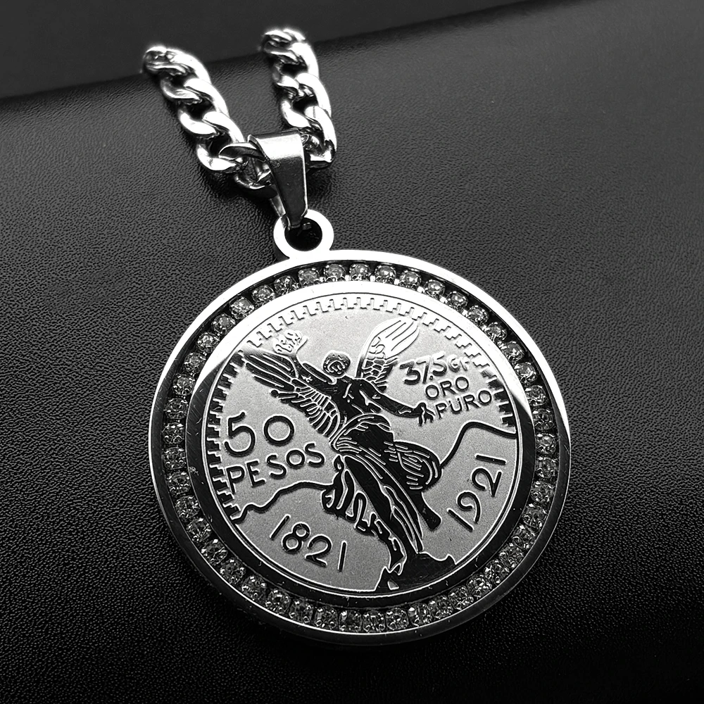 1921 Mexican 50 Pesos Coins Crystals Pendant Necklace for Men Women Stainless Steel Gold Color Winged Victory Chain Jewelry Gift