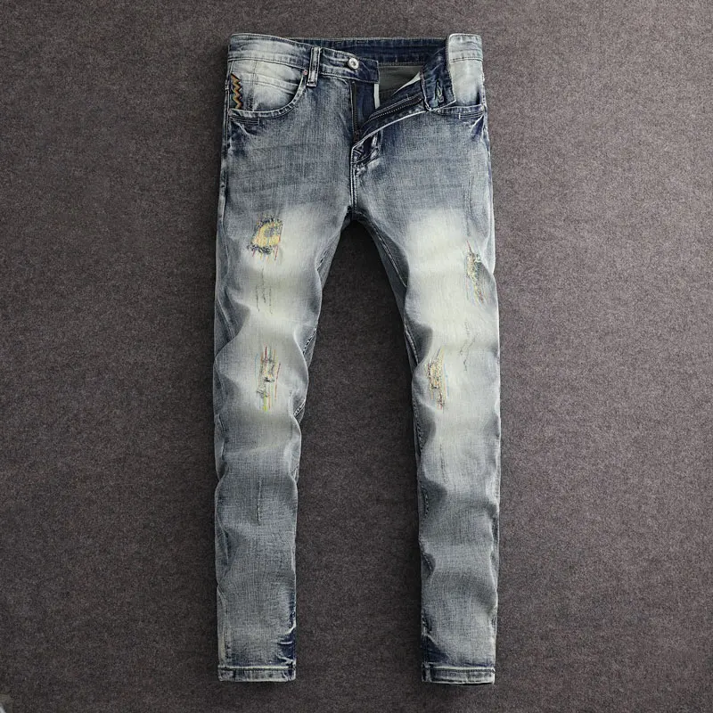 

Street Fashion Men Jeans Retro Washed Blue Stretch Slim Fit Ripped Jeans Men Embroidery Designer Vintage Denim Pants Hombre