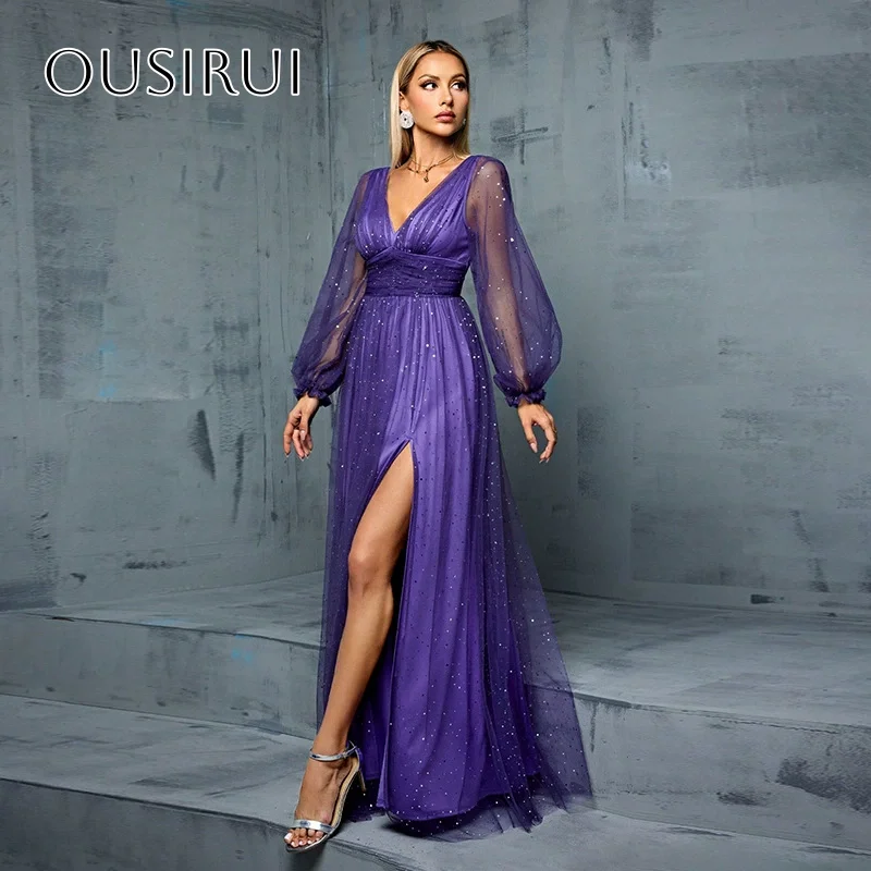 Simple V-neck A-line Long Sleeves Sequined Tulle Prom Gown V-back Floor Length Split Pleated Customized vestido de noiva