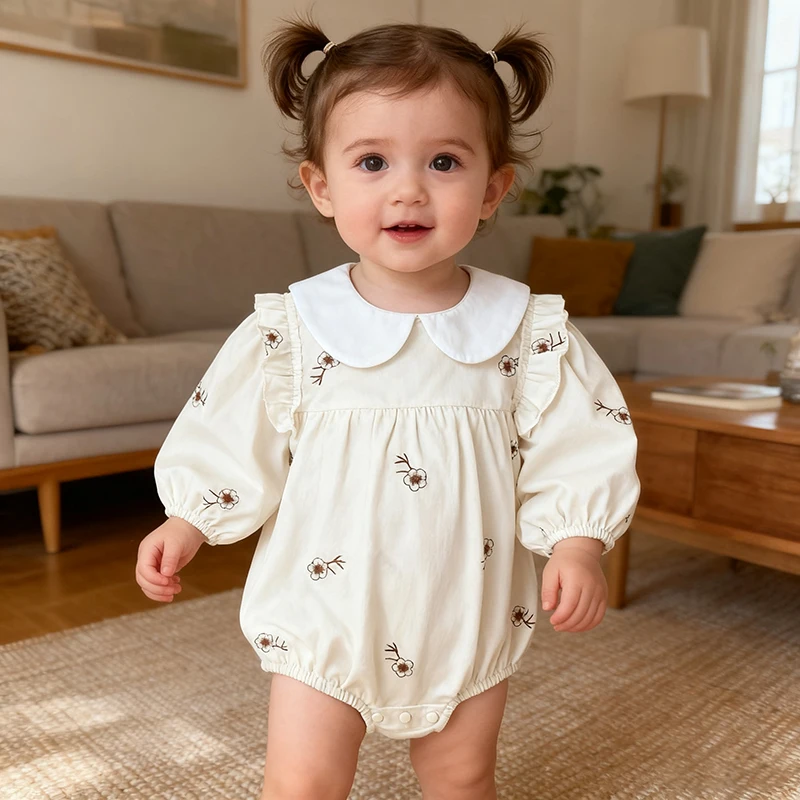 

Autumn New Girl Baby Clothes Long Sleeved Cover Girl Romper Girl Cotton Flower Embroidery Onesie Crawling Princess Style Romper
