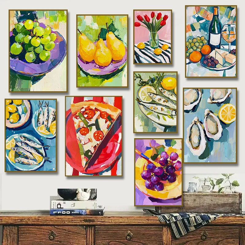 Vintage Dining Fruit Food Pizza Avocado Sardine Red Wine Posters Prints Canvas Painting Wall Art Picture for Food Kitchen Decor