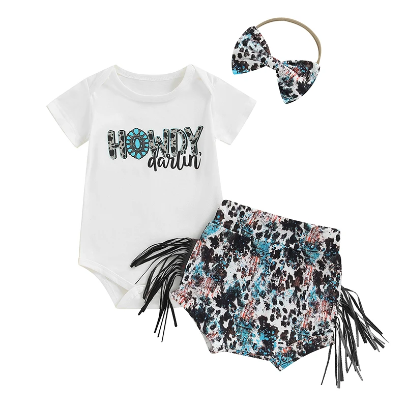 

Baby Girls Summer Shorts Sets Letter Print Romper Tassel PP Shorts Headband Sets