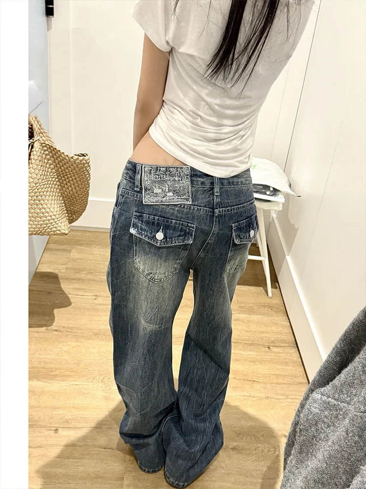 

Retro Washed Wide Leg Denim Jeans Women's Early Spring 2026 Low Waist Loose Slimming Design Embroidered Straight Leg Pants
