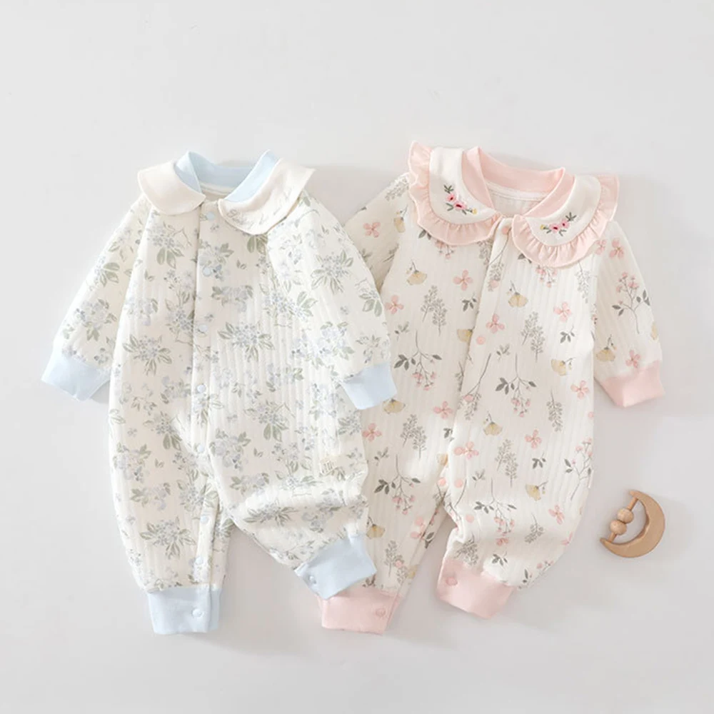 Baby Romper Quilted Warm Winter Clothing For Newborn Girls Flower Embrodiery Ruffles Collar Princess Christmas Infant Jumpsuit
