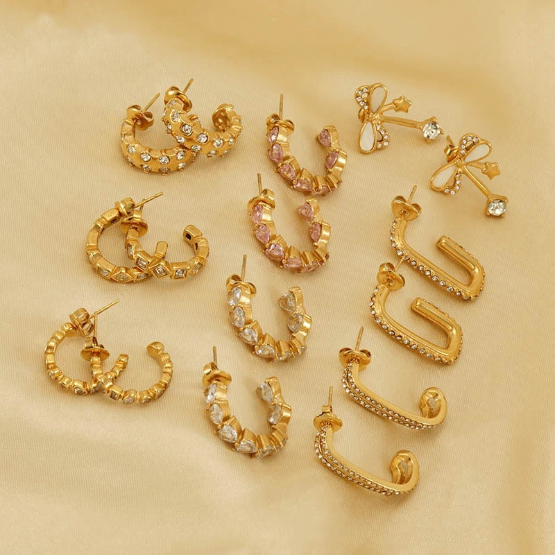 

10Pcs Fashion Jewelry Stainless Steel 18K Gold Plated Micro Inlaid Zircon and Drill C-shaped Stud Earrings for Women