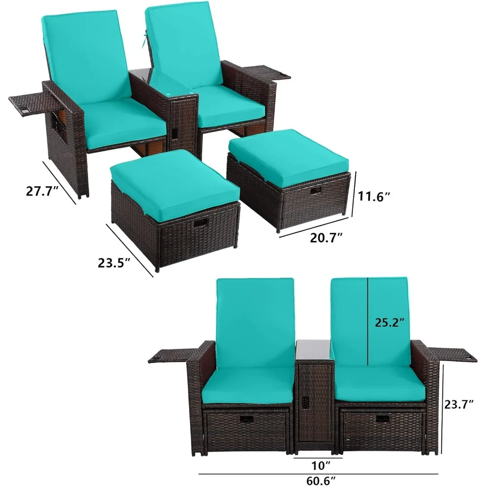 Outdoor Wicker Chaise Lounge - Rattan Adjustable Chaise Lounge with Turkish Footstool and Coffee Table