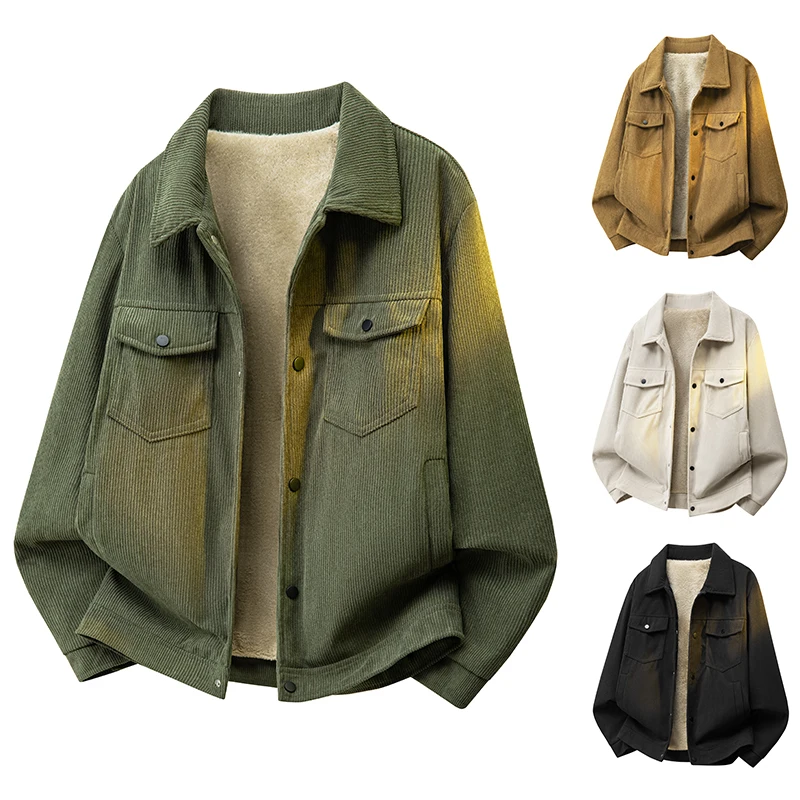 Fleece‑Lined Corduroy Jacket Turn‑down Collar Button‑Up Outerwear Warm Casual Coat for Autumn Winter Daily Outdoor Activities