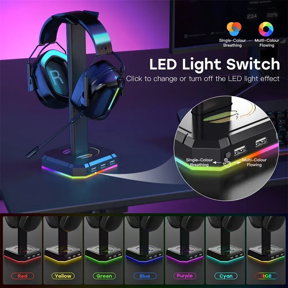 Rak penahan Headphone, Headset mendukung dudukan hemat ruang Desktop Organizer braket vertikal RGB lampu latar