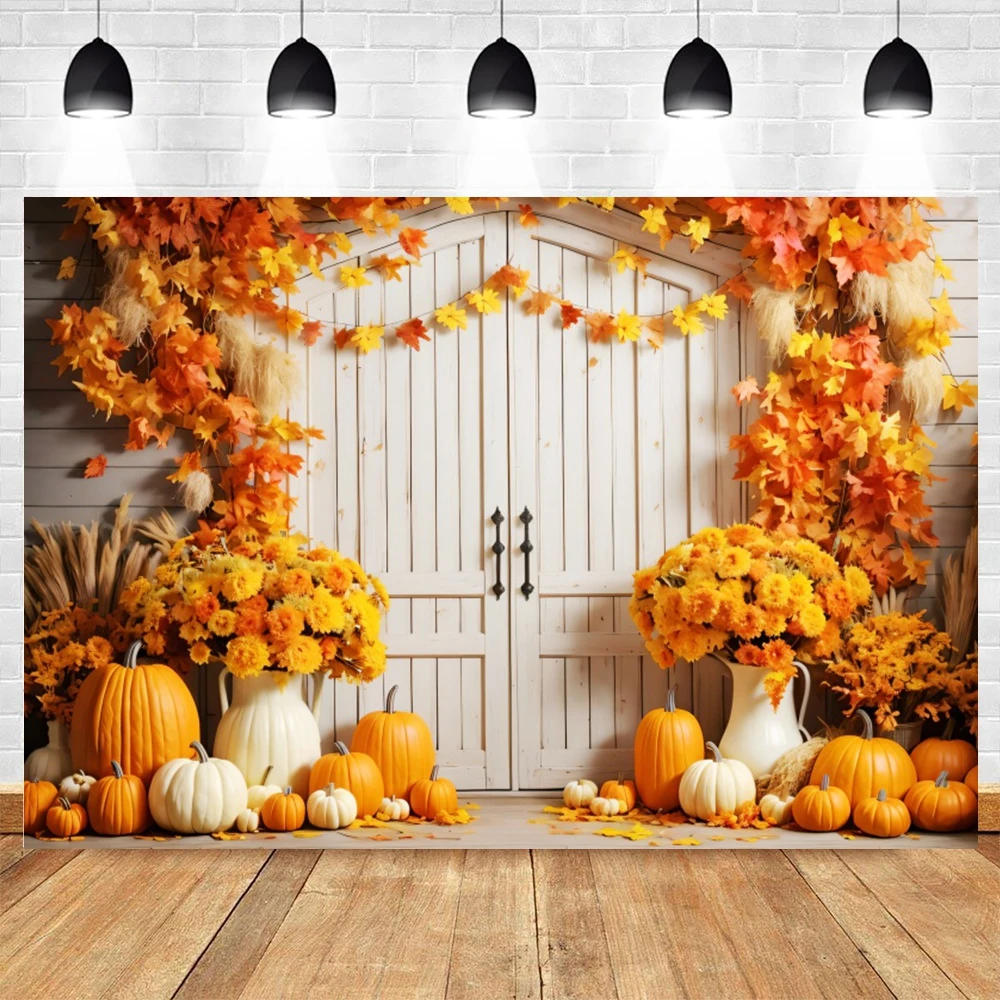 Autumn Pumpkin Barn Door Backdrop Haystack Fall Baby Shower Birthday Party Thanksgiving Day Kids Portrait Photography Background