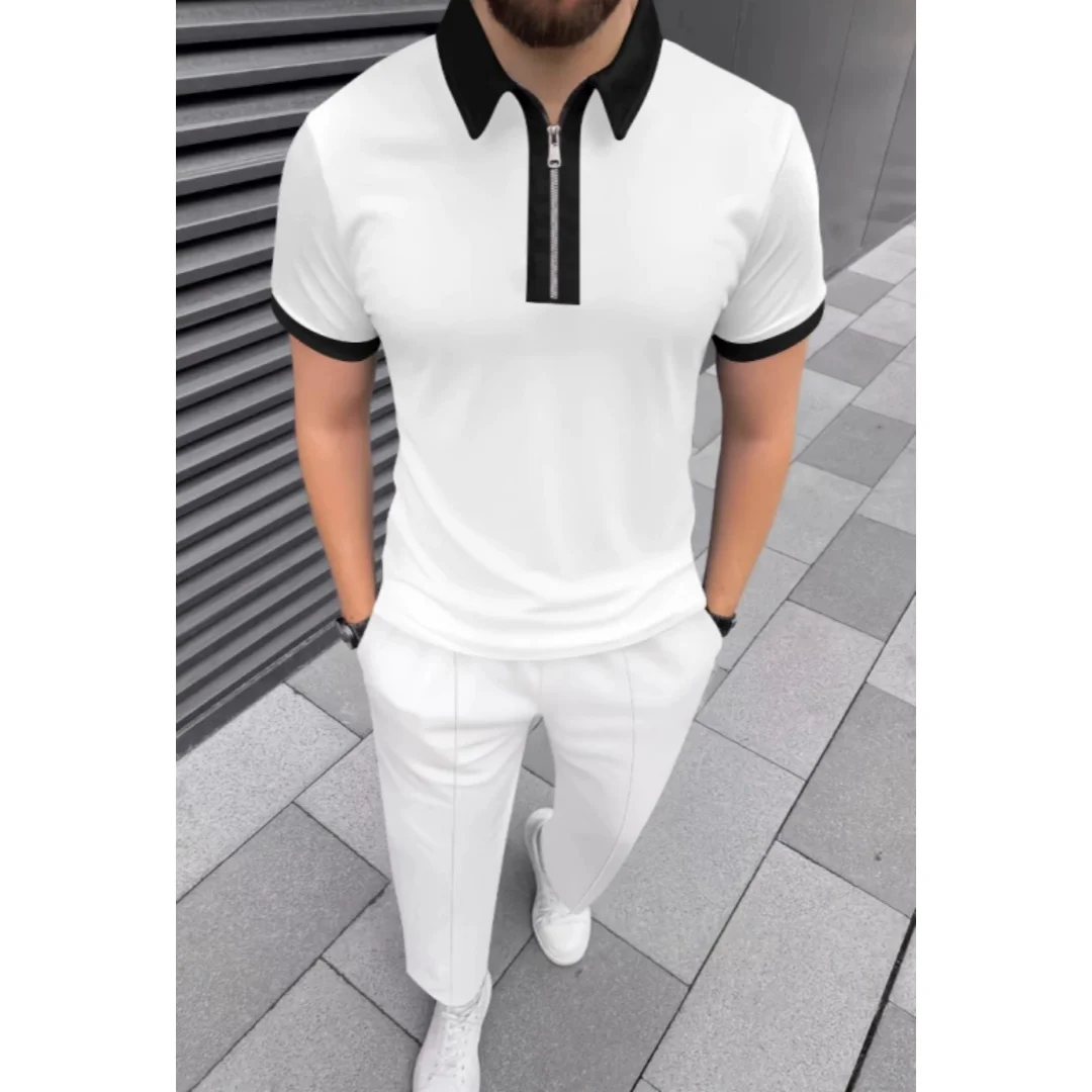 

New Men's Short sleeved Polo Shirt Color blocked Street Wear Lightweight Collar T-shirt Men's Summer Jogging Sports Set