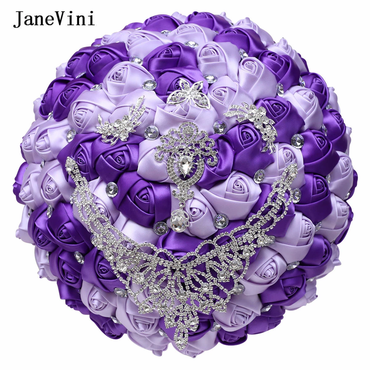 

JaneVini 30cm Big Bridal Bouquets Stunning Purple Satin Roses Bouquet Silver Jewelry Artificial Flowers for Wedding Decorations