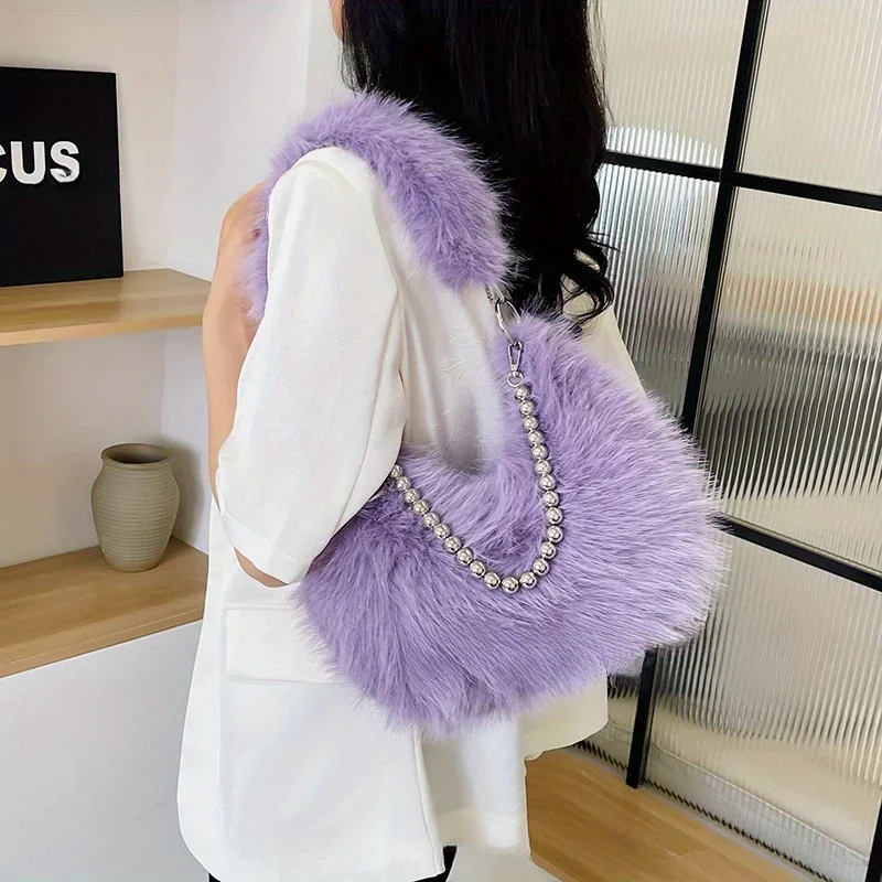 High Looking Furry Tote Bag Fashion Plush Underarm Bag Chain Single Handbag Shoulder Bag Fox Fur Crossbody Bag for Women Daily