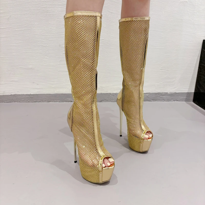 Black Long Boots Women Knee High Platform Shoes Gold Mesh Open Toe Summer High Heels Boots Sandals Sexy Stilletto Plus Size 11