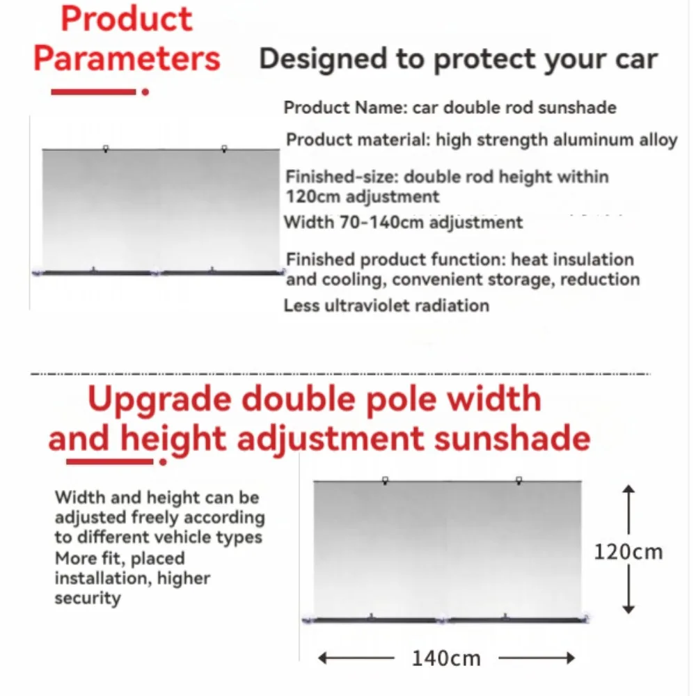 Retractable Twin-Bar Car Windshield UV Insulating Sunshade With Hooks and Suction Cups On The Front UV Blockd Suction Cups