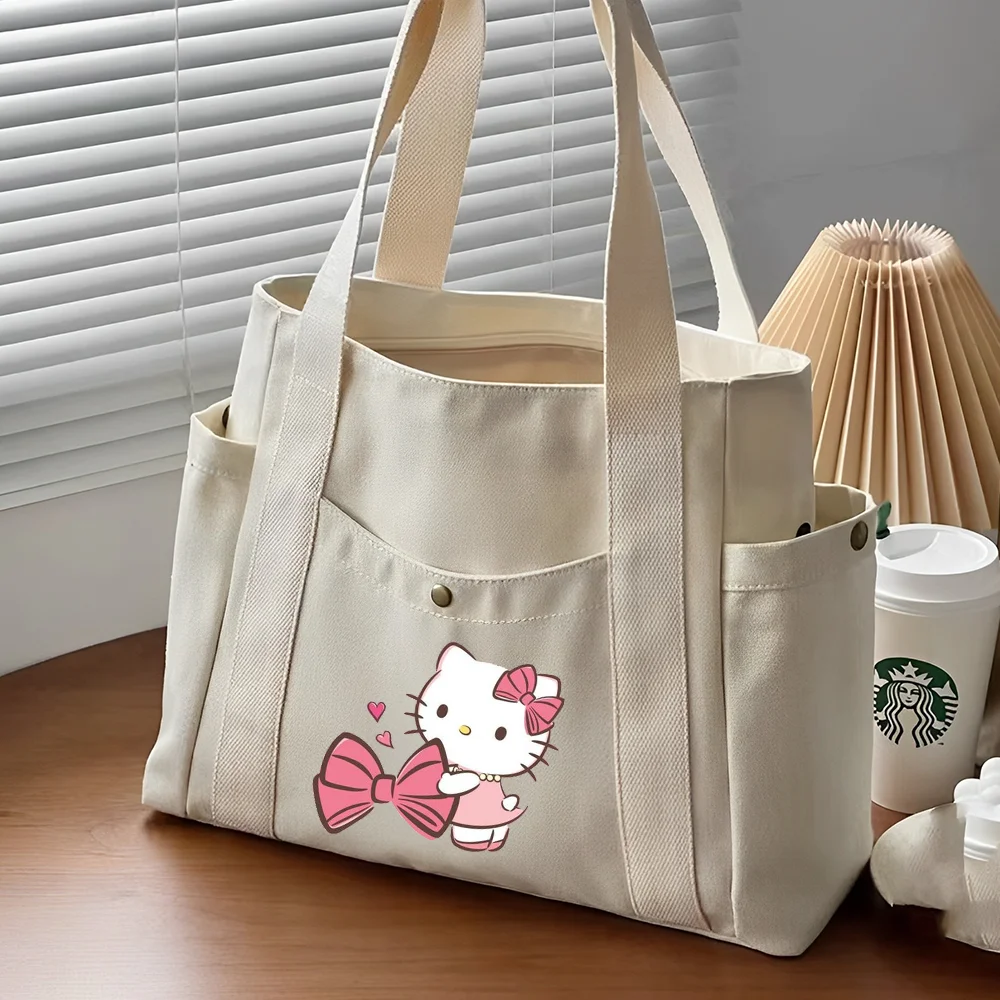 Hello Kitty Canvas Women's Bag Outer Shopping Bag Tote Bags Pocket Zipper Shoulder Bag Student Handbag Work Commuting Book Bag