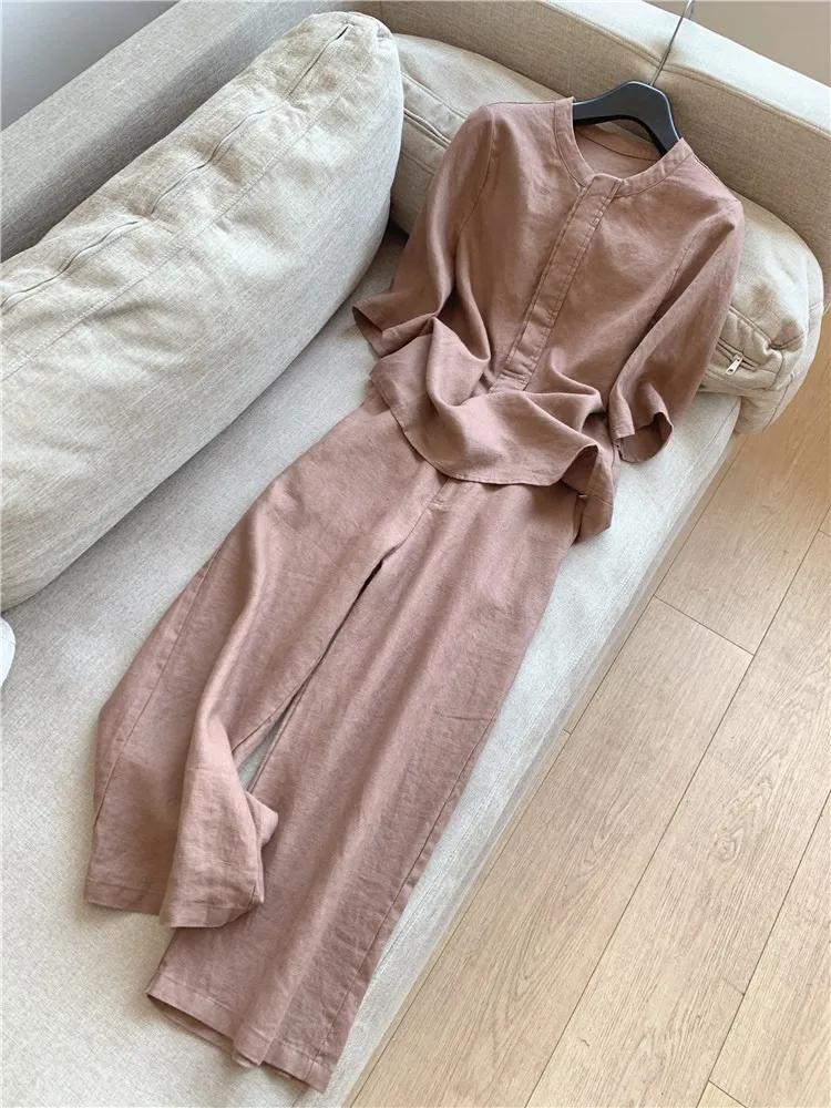 

Spring Summer Fashion New Solid Color Loose 2 Piece Sets 2025 Women's Casual Round Collar 3/4 Sleeve Long Pants Two Piece Set