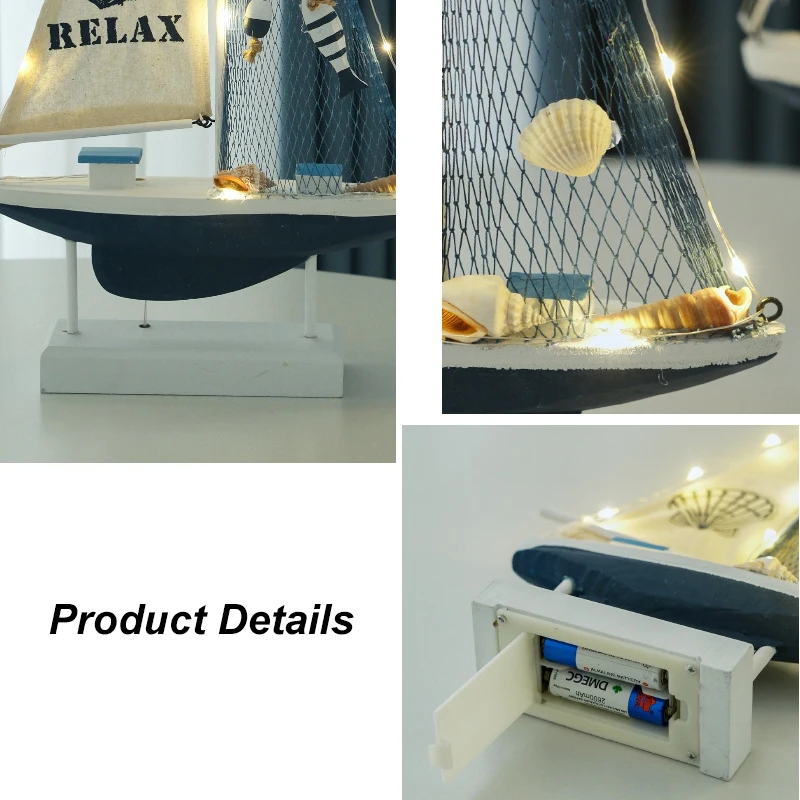 الرجعية البحر الأبيض المتوسط نمط خشبي LED الإبحار قارب نموذج الإبداعية المحيط نمط سطح المكتب زخرفة الحرف قارب صغير ديكور المنزل هدية