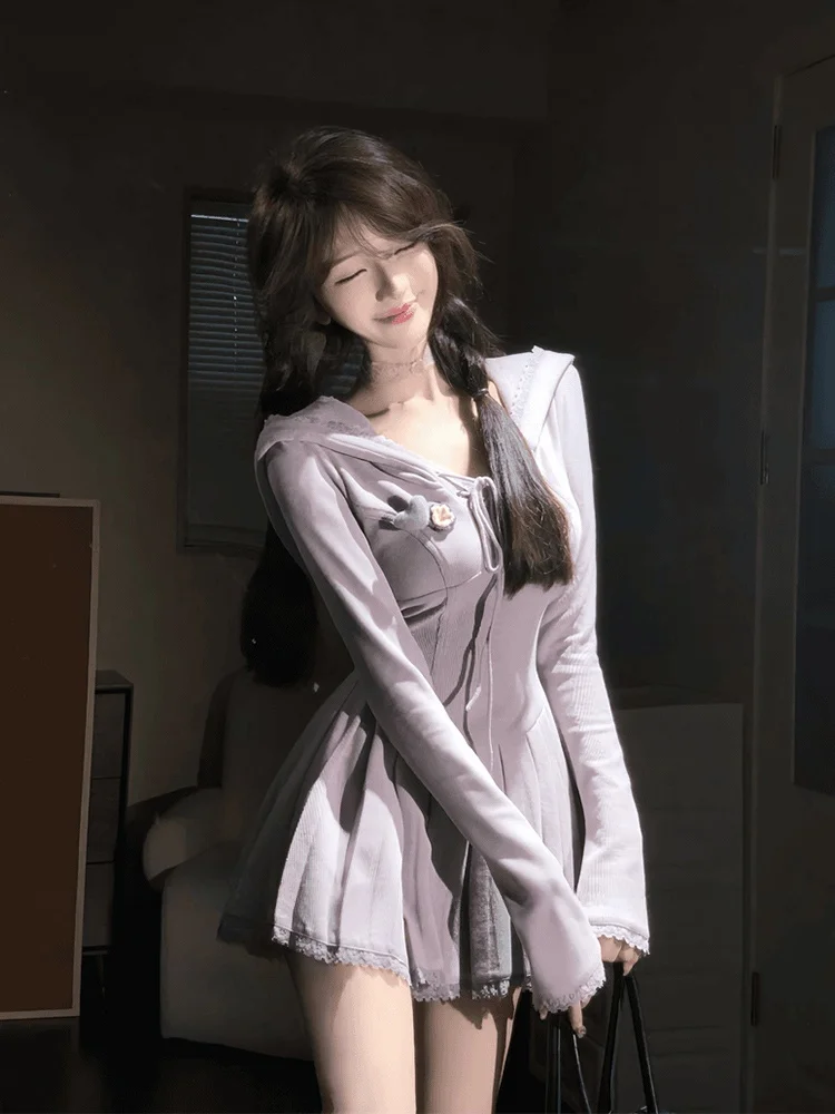 

XZY Sweet And Spicy plus Size Women's Long Sve Hooded Dr Purple A-Line Skirt for Autumn Slimming Waist Cinch