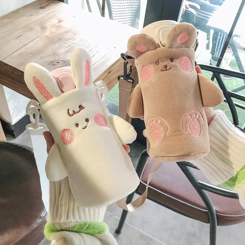 1Pcs Cartoon Plush Cup Holder With Crossbody Strap Portable Water Bottle Cover Cute Plush Insulated Bag Cup Pouch