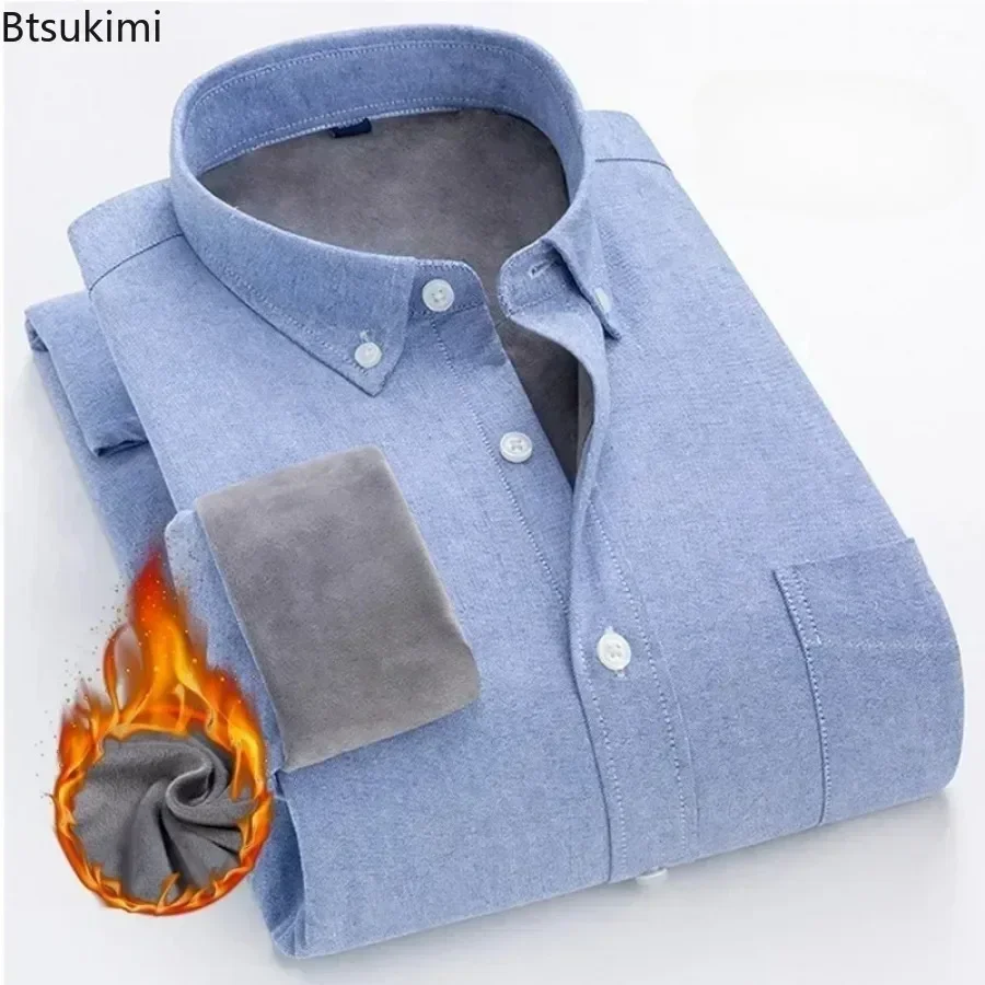 2025 New 100% Cotton Warm Shirts Men Oxford Simple Shirts Daily Casual Business Wear Tops Long Sleeve Fleece Solid Shirt for Men