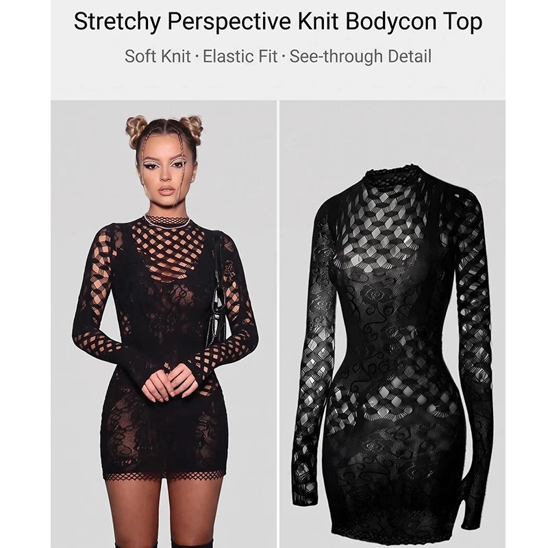 Hollow Out Fishnet Beach Cover Up Bodycon Dress, Sheer Mesh Festival Swimwear for Women Summer