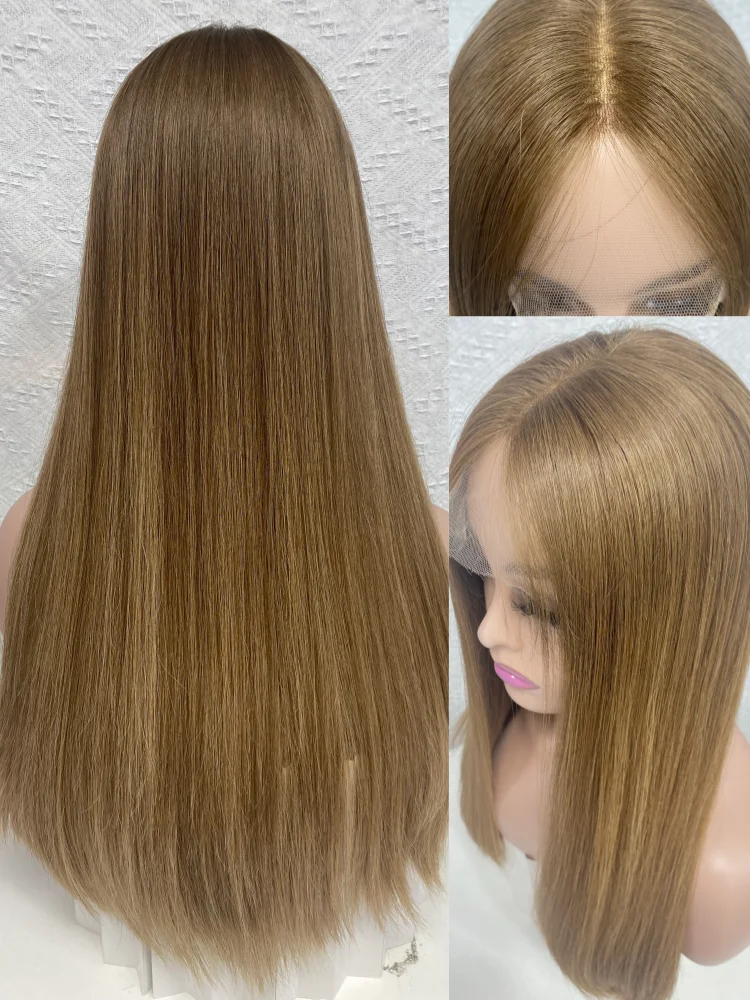 HD Lace Frontal Jewish Wig 100% Raw Hair Ombre Light Brown Color 22 Inches Long Straight Hair Full Volume Density Cap Size L