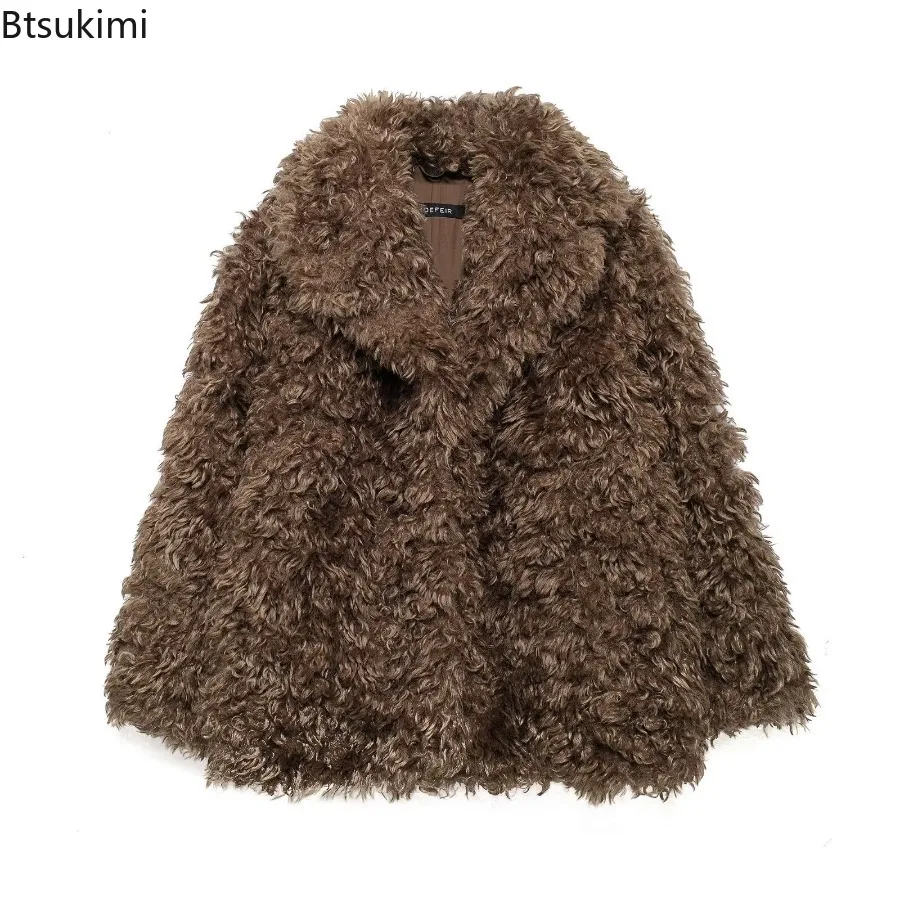 2025 Winter Autumn Women Faux Fur Jacket Solid Lapel Long Sleeves Medium Length Thick Coat Casual Loose Warm Faux Fur Overcoat