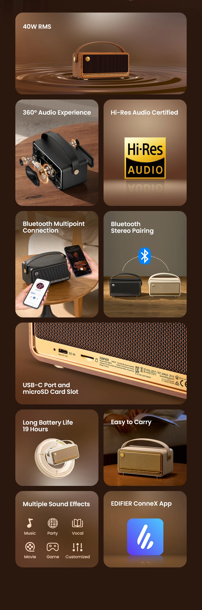 EDIFIER MP330 40W RMS Tragbarer Bluetooth-Lautsprecher Hi-Res Audio 360 ° Sound Bluetooth 6.0 19 Stunden Spielzeit Stereo-Kopplung Multi-Input – Detail 2