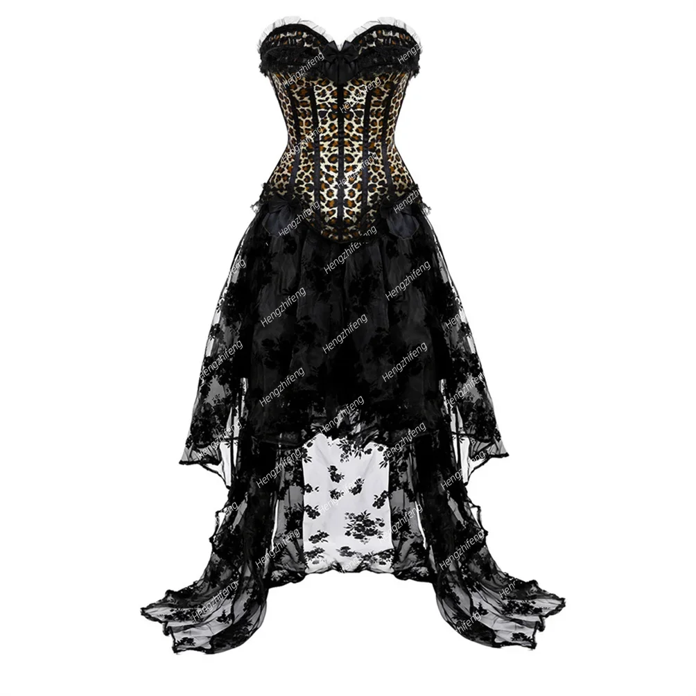 

Burlesque Corset Dress Leopard Print Corsets Classic Lace Overlay Overbust Victorian Corselet Outfits Cosplay Halloween Costume