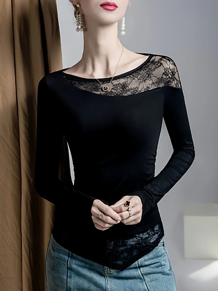 Sexy Off Shoulder Tops Women 2025 Autumn Y2K Lace Splicing Bodycon Long Sleeve Shirt Fake Two Piece Pure Tease Blouse