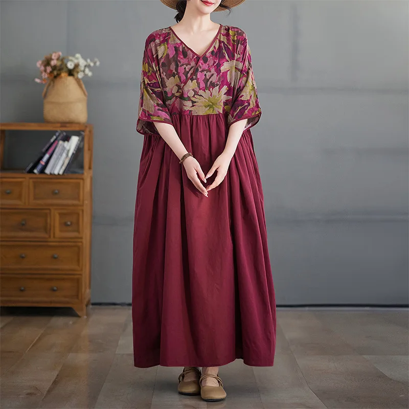 

V-Neck Floral Patchwork Maxi Dress Plus Size Women's Summer Loose Fit Long Dress