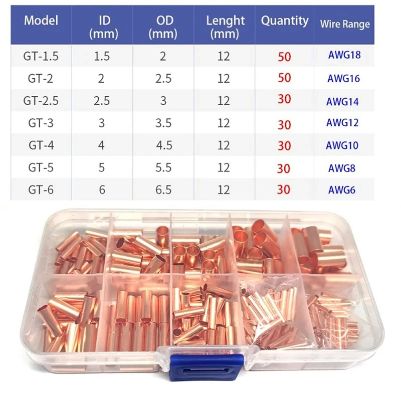 250Pcs Small Copper Connecting Pipe Wire Cable Hole Passing Connecting Sleeve Tube Ferrule Lug Connector Crimp Terminal 7 Size